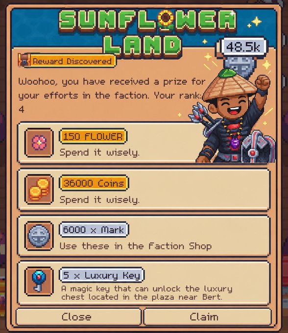 A pixel-art game interface titled 'SUNFLOWER LAND' showing a 'Reward Discovered' notification for rank 4, displaying prizes of 150 FLOWER, 36000 Coins, 6000 x Mark, and 5 x Luxury Key, with a character wearing a conical hat holding a key and hammer, valued at 48.5k.