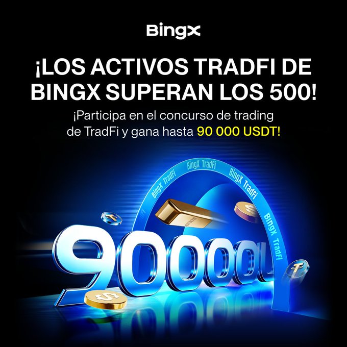 A BingX promotional graphic in Spanish announcing that their TradFi assets have surpassed 500, inviting participation in a TradFi trading contest to win up to 90,000 USDT, featuring large 3D numbers and gold bars.