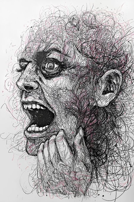 A frantic, detailed pen and ink drawing of a screaming or shocked face with wild hair and tangled lines.