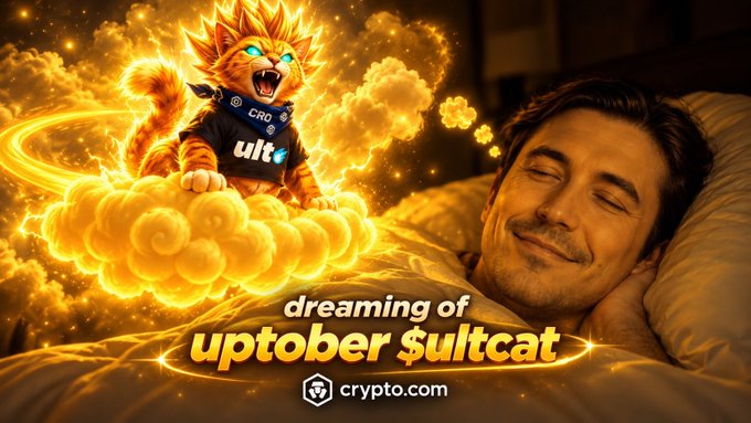 A promotional image featuring a sleeping man dreaming of an anime-style orange cat wearing a CRO/Ult team jersey, surrounded by fiery clouds and a glowing tail. The text reads "dreaming of uptober $ultcat" with the crypto.com logo at the bottom.