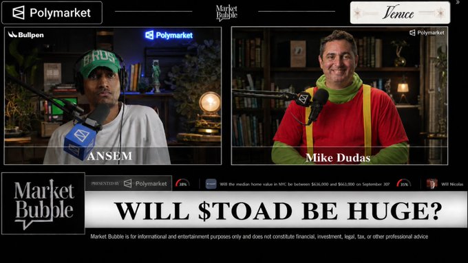 A screenshot from a 'Market Bubble' podcast sponsored by Polymarket featuring ANSEM and Mike Dudas, with the headline 'WILL $TOAD BE HUGE?'
