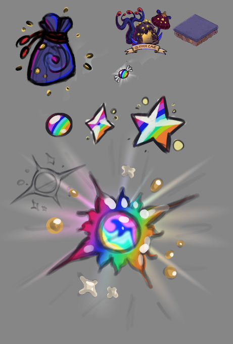 The image features a vibrant and colorful illustration of a gemstone, possibly a crystal or a piece of jewelry, surrounded by various other elements such as stars, a bag, and a book. The gemstone appears to be glowing with an ethereal light, drawing attention to its unique design and colors. The background is a simple gray color that contrasts with the colorful elements in the foreground, making them stand out even more. The image also includes text that reads "Glimmer Cave @OtherEggGenesis concept art".