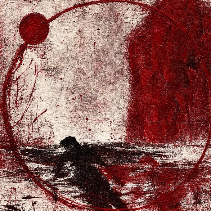 A textured, abstract painting in deep red, white, and black tones depicts a rough circle with a dark mound at the bottom, resembling a stylized landscape.