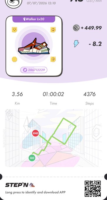 A STEPN app screenshot showing a Walker Lv20 NFT with stats: 3.56 Km, 01:00:02 time, 4376 steps, and earnings of +449.99 GST.