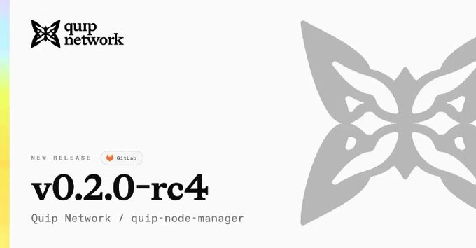 The image shows a white banner that says "quip network" at the top of the screen. Below this, there are two lines of text written in black font. The first line reads "Good infrastructure should stay out of your way." The second line states "The latest Node Manager update from @quipnetwork is designed to make node operations more straightforward and efficient:  Launch your node, dashboard and database with a single command".
