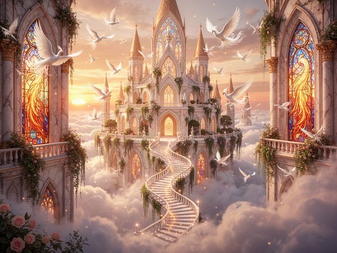 A fantasy illustration of an ornate white castle with multiple spires sitting among fluffy clouds at sunset, featuring stained glass windows depicting golden flames and surrounded by flying white doves.
