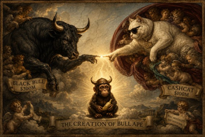 A parody of Michelangelo's Creation of Adam painting featuring a black bull, a white cat with an eyepatch labeled 'CASH', and a monkey in the center, with banners reading 'BLACK BULL $300M', 'CASHCAT $100M', and 'THE CREATION OF BULL APE'.