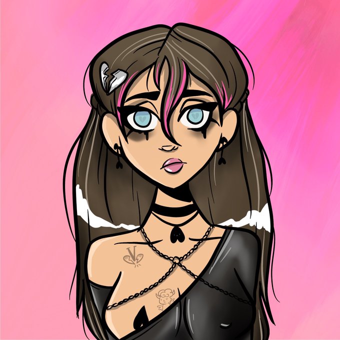 A digital illustration shows an anime-style woman with long brown hair featuring pink streaks, wearing a black choker and top against a pink background.