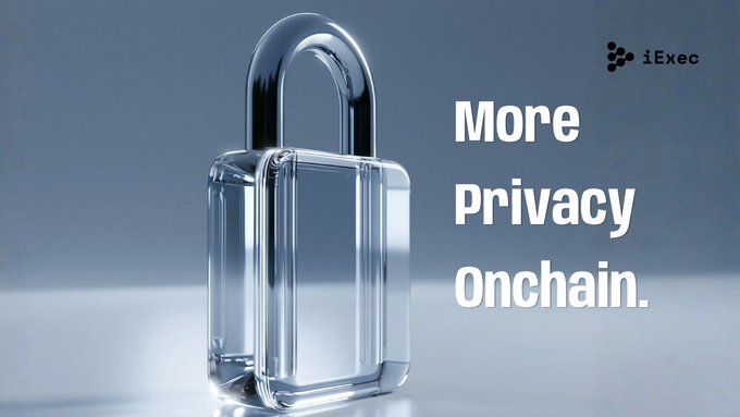 A transparent glass padlock sits against a blue gradient background, visually representing the concept of privacy and security. The iExec logo appears in the top right corner alongside the bold white text "More Privacy Onchain," which reinforces the post's message about enhancing privacy in blockchain transactions.