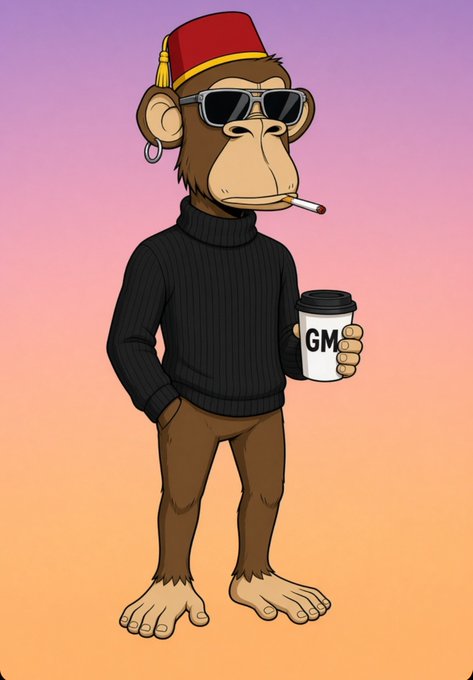A cartoon monkey wearing sunglasses, a red fez hat, and a black turtleneck smokes a cigarette while holding a coffee cup labeled "GM," embodying the relaxed, confident vibe of the post's "GM 🌄 Happy Monday Guys 🚀" crypto greeting amid a bear market outlook.