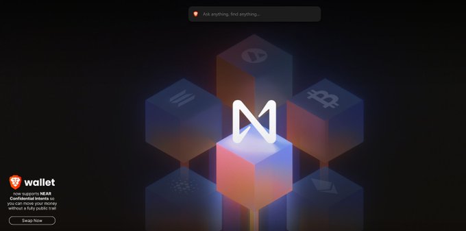 A dark promotional image featuring the NEAR Protocol logo at the center surrounded by hexagonal blockchain icons, with a "wallet" advertisement in the bottom left promoting "Confidential Intents" and a "Swap Now" button. The Brave search bar at the top with "Ask anything, find anything..." reflects the post's mention of Brave wallet's collaboration with NEAR on privacy-focused confidential intent swaps.