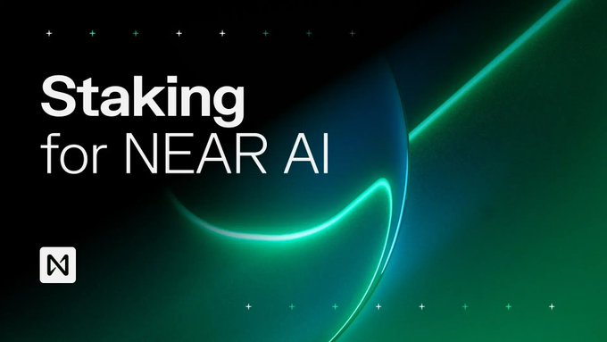 A promotional graphic with green neon lighting effects on a dark background displaying the text 'Staking for NEAR AI' with the NEAR protocol logo.
