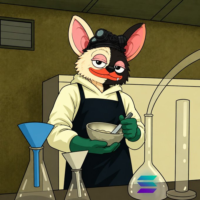 An animated illustration of a bat-like character with a headlamp and apron, mixing a bowl in a laboratory with beakers and a flask bearing a colorful logo.