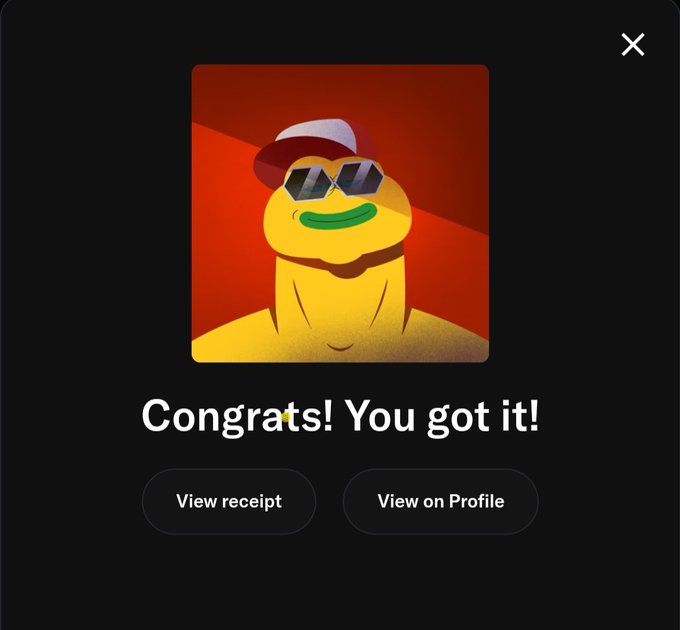 A mobile app screen showing a success message 'Congrats! You got it!' featuring a yellow smiley character with sunglasses and a backwards cap, with buttons to 'View receipt' and 'View on Profile'.
