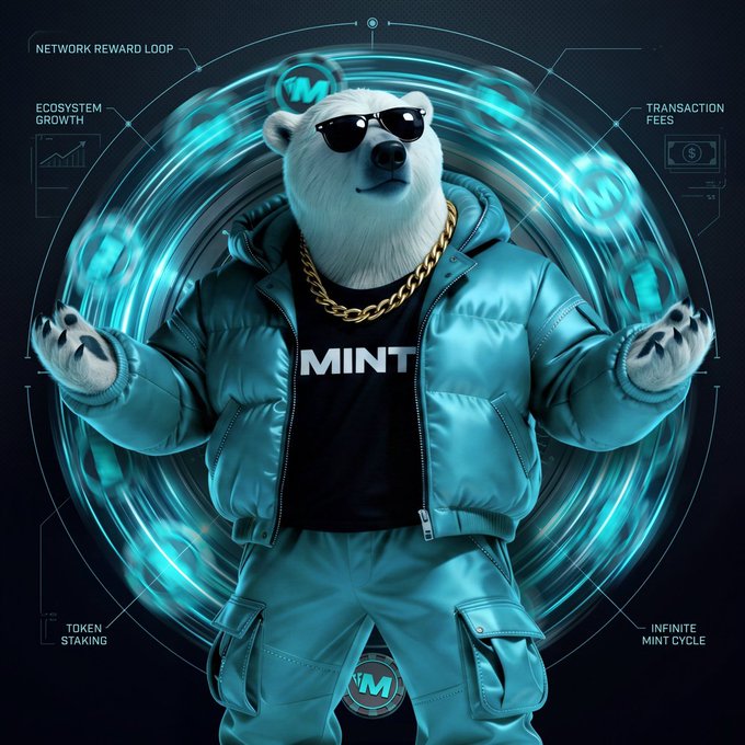 A digital illustration features a bear wearing sunglasses, a gold chain, and a teal puffer jacket over a black shirt labeled 'MINT,' set against a swirling cyan background with text including 'NETWORK REWARD LOOP,' 'ECOSYSTEM GROWTH,' 'TRANSACTION FEES,' 'TOKEN STAKING,' and 'INFINITE MINT CYCLE.'