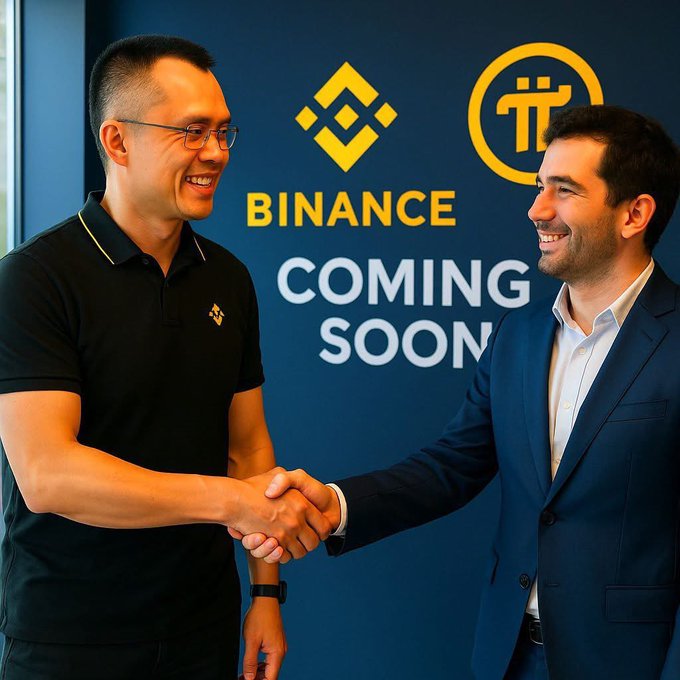 Two smiling men—one in a black polo shirt and another in a dark blazer—shake hands in front of a wall featuring the Binance logo, a Pi Network-inspired symbol, and the words "BINANCE COMING SOON," teasing speculation that Binance may be preparing to list Pi Network's PI token, as suggested by the accompanying post encouraging Pioneers to respond "YES" or "NO."