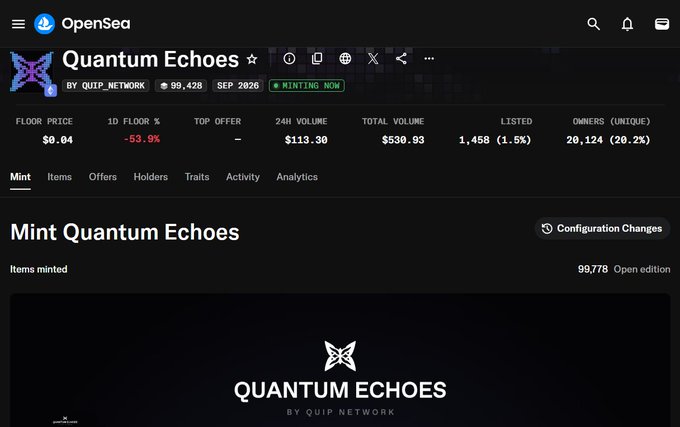 OpenSea NFT collection page for 'Quantum Echoes' by QUIP_NETWORK, showing a floor price of $0.04 with a -53.9% change, 98,428 items, and a 'MINTING NOW' status.
