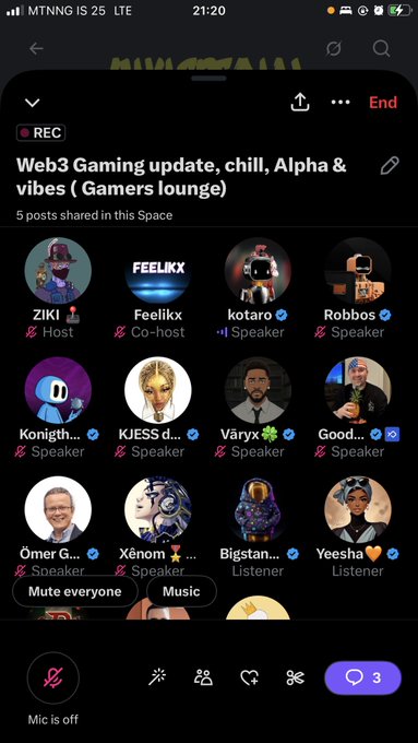 A screenshot of a Twitter Space recording titled 'Web3 Gaming update, chill, Alpha & vibes ( Gamers lounge)' featuring various hosts, co-hosts, speakers, and listeners with avatars including ZIKI, Feellkx, kotaro, and Robbos.