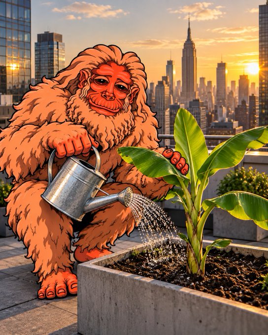 A whimsical illustration of an orange Bigfoot-like creature watering a banana plant with a metal watering can on a rooftop overlooking a city skyline at sunset.