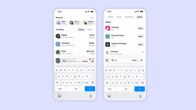 Two mobile app screenshots showing a crypto interface with trending tokens including Ripple ($2.18), Chainlink ($9.84), and Pepe ($0.037), along with dApps like Uniswap, Pancake Swap, and Jupiter Exchange.