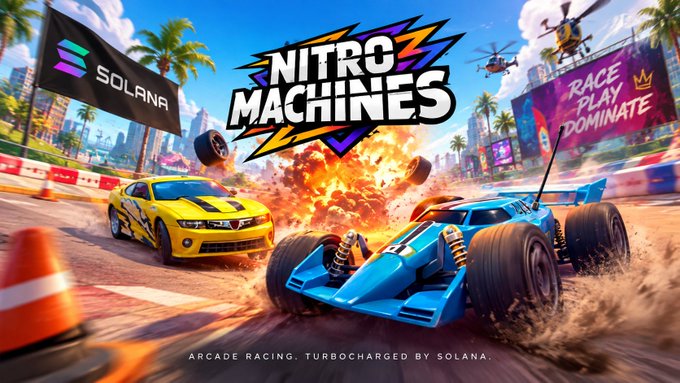 Promotional artwork for 'Nitro Machines,' an arcade racing game on Solana, featuring a yellow sports car and blue buggy racing amid explosions with the tagline 'Race. Play. Dominate.'