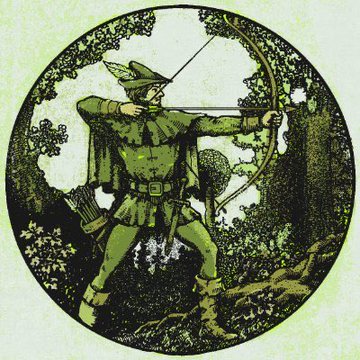 A vintage green and white illustration depicting Robin Hood drawing a bow and arrow, dressed in traditional medieval archer attire within a forest setting.