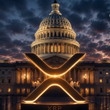 A digital artwork featuring the XRP logo superimposed over the illuminated U.S. Capitol building at dusk.