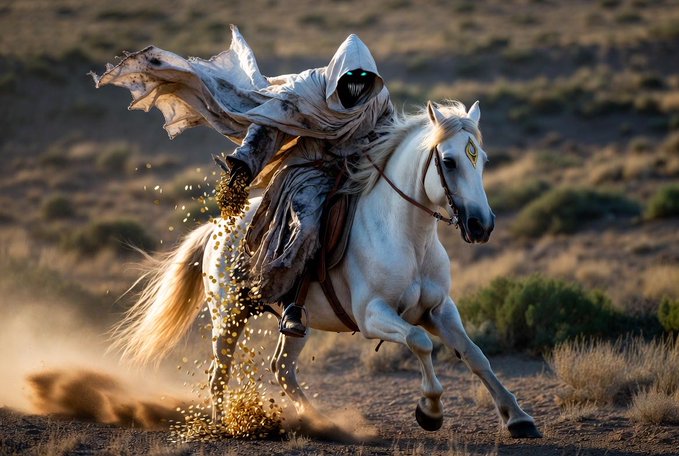 A hooded, masked figure in tattered white robes rides a galloping white horse through a dusty landscape, scattering golden particles.