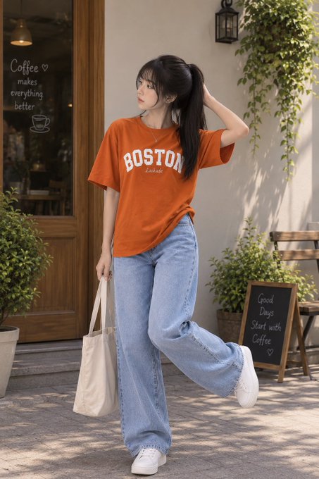 A young woman standing outside a coffee shop wearing an orange 'BOSTON' t-shirt, light blue baggy jeans, and white sneakers, holding a canvas tote bag.