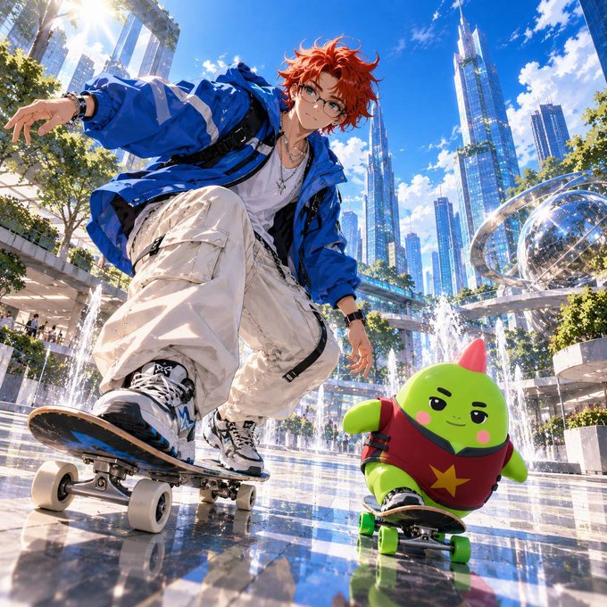 A vibrant anime illustration of a red-haired boy in a blue jacket and a small green creature riding skateboards together in a futuristic city plaza with fountains and skyscrapers.