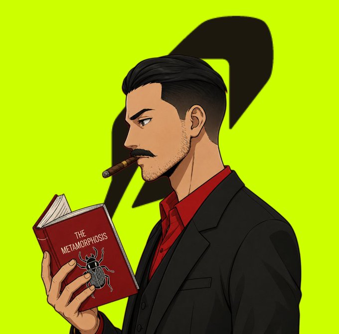 An illustrated profile of a mustachioed man smoking a cigar and reading a red book titled 'THE METAMORPHOSIS' with a beetle on the cover, set against a neon green background.