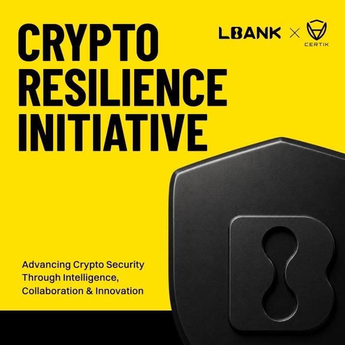 A promotional graphic featuring a yellow and black color scheme displays bold text reading "CRYPTO RESILIENCE INITIATIVE" alongside the LBank and CertiK logos at the top, with a large black shield featuring a keyhole design dominating the right side. The subtitle "Advancing Crypto Security Through Intelligence, Collaboration & Innovation" appears at the bottom, reinforcing the post's message about LBank and CertiK's security-focused partnership involving penetration testing and a Bug Bounty program.