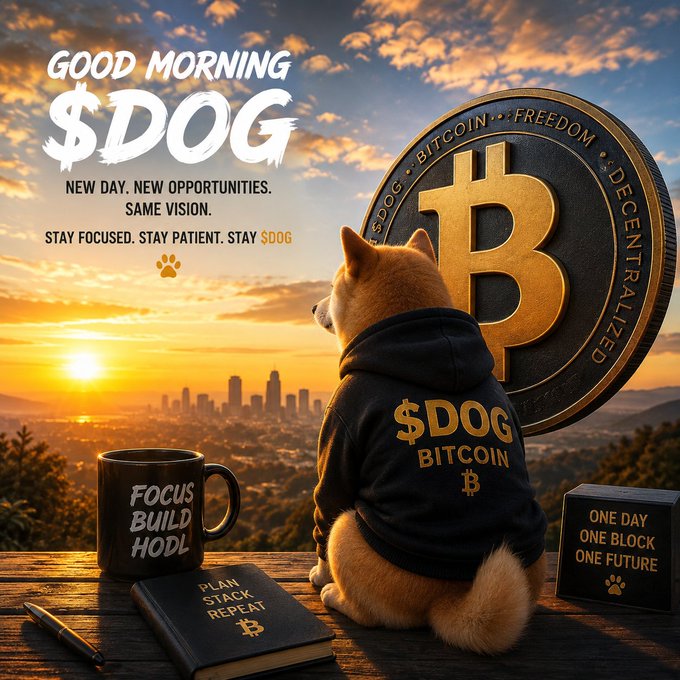 A digital illustration features a Shiba Inu in a 'Bitcoin' hoodie gazing at a sunrise over a city skyline, alongside a giant Bitcoin coin and text reading 'GOOD MORNING $DOG' and 'FOCUS BUILD HODL'.