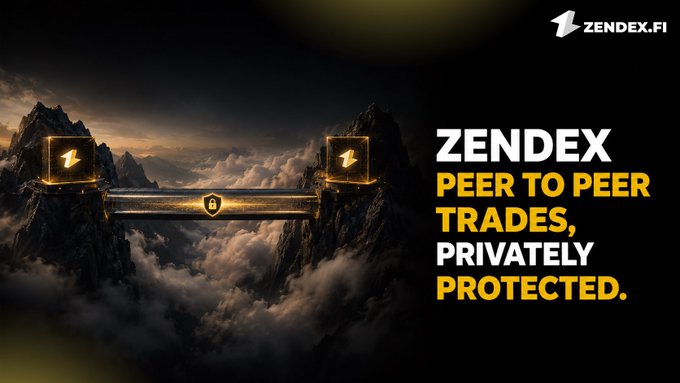 A promotional banner for ZENDEX.FI features the text "PEER TO PEER TRADES, PRIVATELY PROTECTED" alongside an illustration of two Z blocks connected by a secured bridge over a mountain landscape.