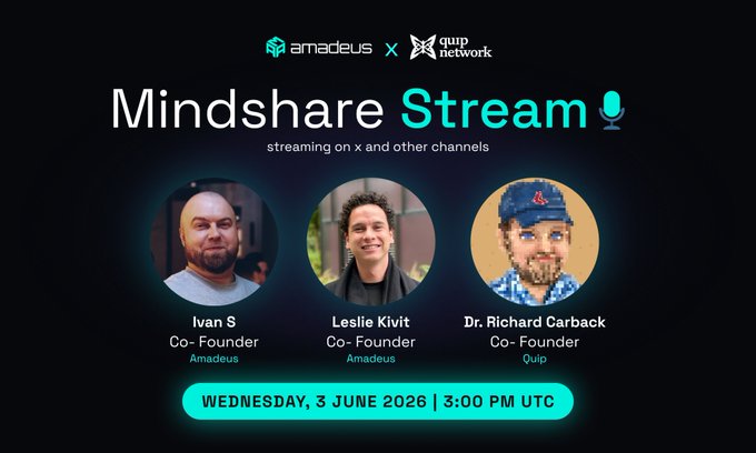 The image features a poster or banner that displays three men's faces against a dark background. The text on the poster reads "Mindshare Stream" followed by the names of the speakers, which are Ivan S., Leslie Kivit, and Richard Carback. The poster also includes information about an upcoming event called "Quantum computing is starting to pressure the assumptions behind blockchain security".