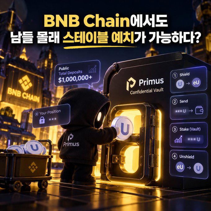 A Korean-language promotional graphic for BNB Chain featuring a character labeled 'Primus' depositing tokens into a 'Confidential Vault', with text questioning whether staking is possible on BNB Chain and showing $1,000,000+ in total deposits.