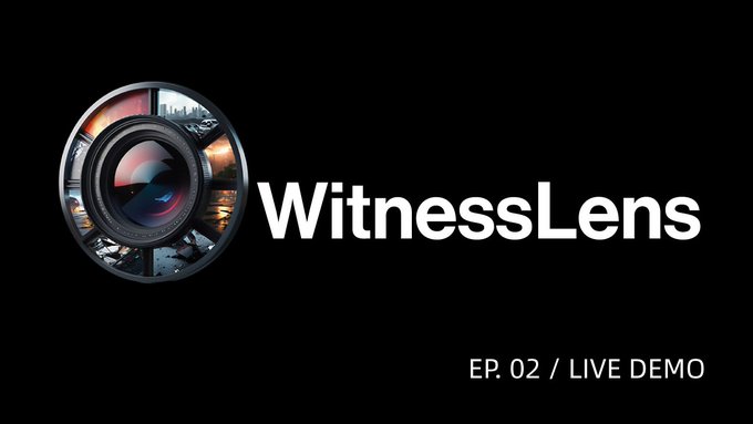 The image features a black background with white text that reads "EP 02 / Live Demo" at the top of the screen. Below this, there's an image of a camera lens, which appears to be a round object with a red center surrounded by various images and logos. The main focus of the image is on the camera lens, while other elements in the background are blurred or not as prominent.