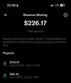 A digital dashboard displays a "Revenue Sharing" screen showing a total of $226.17, with upcoming payouts of $108.44 due Sept 11 and $50.10 due Aug 25. The image illustrates the financial rewards that can come from taking consistent action, reinforcing the post's message about making a daily move toward building something for your future self.