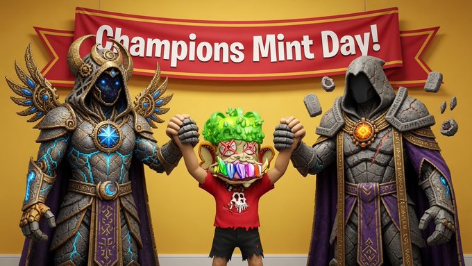 A 3D illustration of a cartoonish green-haired character in a red shirt standing triumphantly between two dark armored knights, under a banner reading 'Champions Mint Day!'