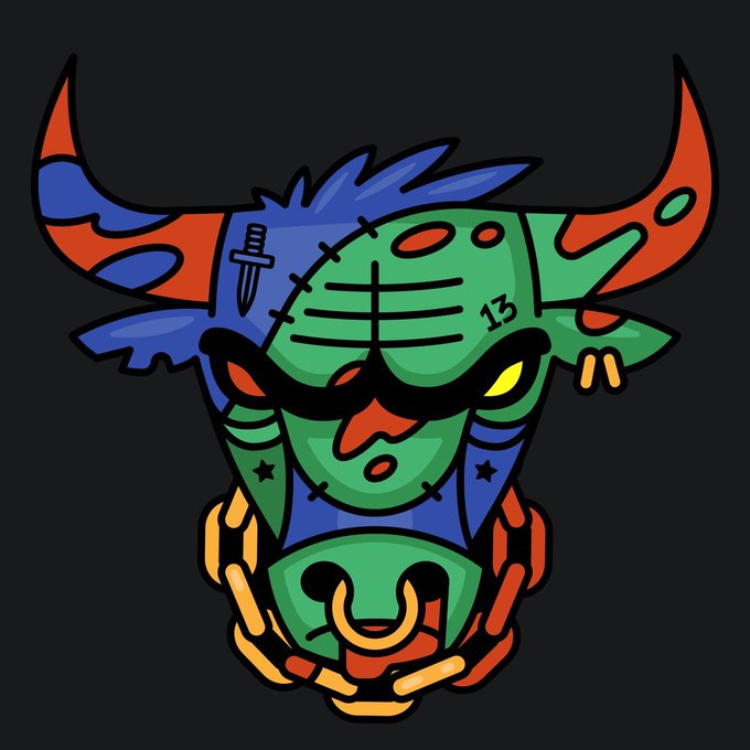 A stylized, colorful illustration of a horned green and blue skull-like creature with a knife emblem, marked with '13', pierced by needles and adorned with a gold chain on a dark background.