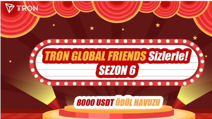 The image features a red curtain with gold stars, which serves as the backdrop for a promotional poster for the #TronGlobalFriends global community program. The poster includes text that reads "Hello friends, the #TronGlobalFriends global community program, created to produce content about the latest developments in the @trondao ecosystem—our boss @justinsuntron 's flagship that I'm proud to be a part of—is celebrating its first anniversary."