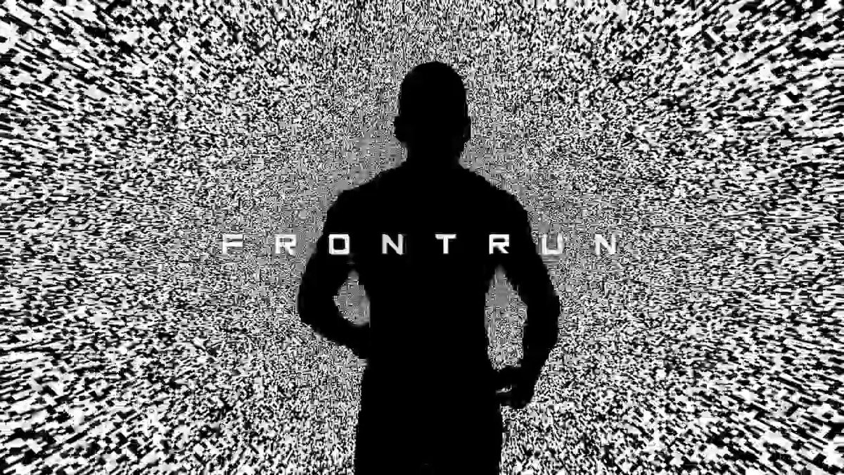 The image features an animated man standing against a black background with white dots scattered throughout. The man's silhouette is prominently displayed, and he appears to be looking directly at the camera. The text "FRONTRUN" can be seen below his head, suggesting that this might be related to a post or article about Frontrun.