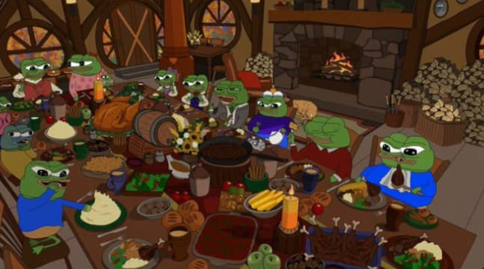 An illustration of a group of anthropomorphic green frogs gathered around a long table laden with various foods, seated in a rustic tavern-like room featuring a stone fireplace with a lit fire.