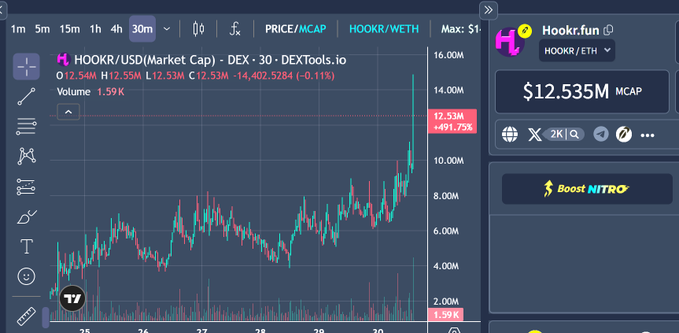 A cryptocurrency price chart for HOOKR/USD (Market Cap) on DEXTools.io showing a price of $12.53M, up 4.1%, with HOOKR.fun displaying a $12.535M market cap.