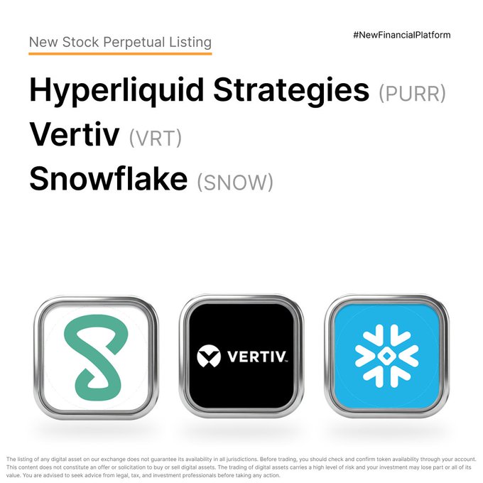 Bybit promotional image announcing the listing of three new stock perpetual contracts: Hyperliquid Strategies (PURR), Vertiv (VRT), and Snowflake (SNOW), with their respective logos displayed.