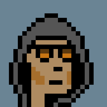 This pixelated image depicts CryptoPunk #7360, an NFT recently acquired for 140 ETH. The punk features a grey hood and orange-tinted glasses, aligning with the accompanying post detailing its purchase.