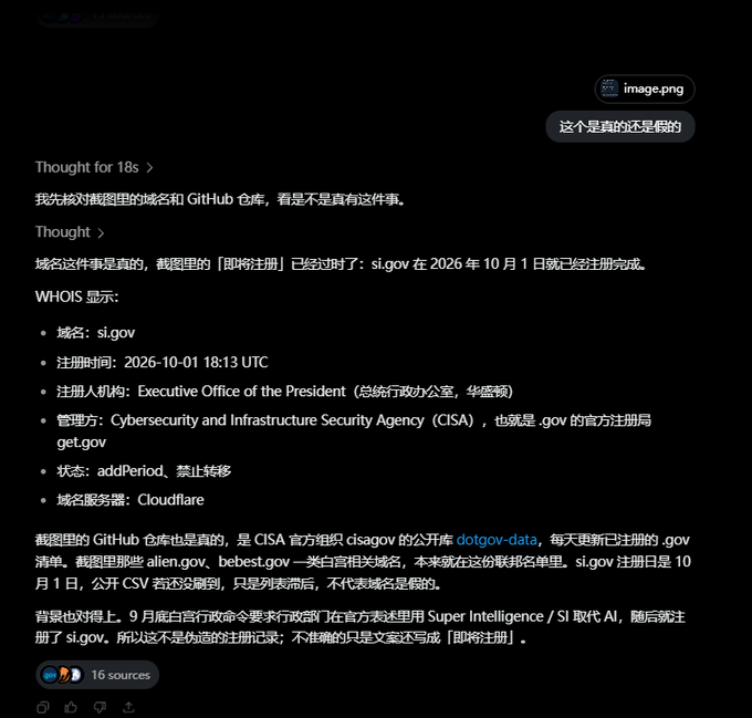 The image shows a dark-themed chat conversation where a user asks "这个是真的还是假的" (Is this real or fake) about an image, and the AI assistant responds in Chinese confirming the authenticity by citing WHOIS records showing si.gov was registered on 2026-10-01 by the Executive Office of the President, managed by CISA on Cloudflare, with the GitHub repo cited as legitimate CISA data, supporting the post's exclamation about si.gov being genuinely registered.