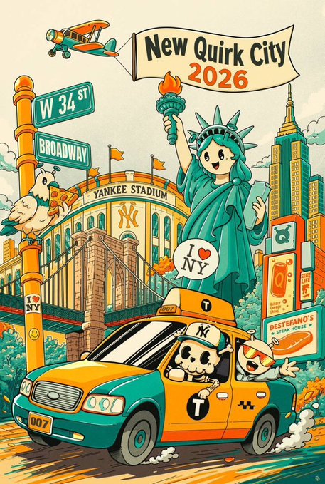 A colorful New York-inspired illustration promoting "New Quirk City 2026," featuring the Statue of Liberty, Yankee Stadium, a "W 34 ST Broadway" sign, a NYC taxi labeled "007" with cartoon characters inside, and a banner reading "I ❤️ NY," tying into the event's RSVP announcement.