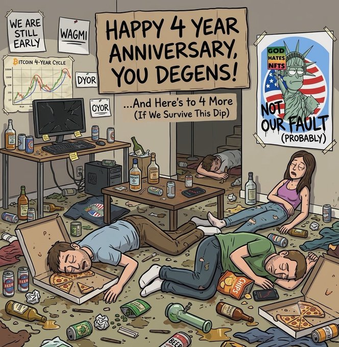 A satirical cartoon illustration depicting exhausted crypto enthusiasts collapsed amid empty beer bottles, pizza boxes, and chip bags in a messy room, with banners reading 'HAPPY 4 YEAR ANNIVERSARY, YOU DEGENS! ...And Here's to 4 More (If We Survive This Dip)', 'WE ARE STILL EARLY', 'WAGMI', 'DYOR', 'CYOR', and a 'NOT OUR FAULT (PROBABLY)' poster featuring the Statue of Liberty.