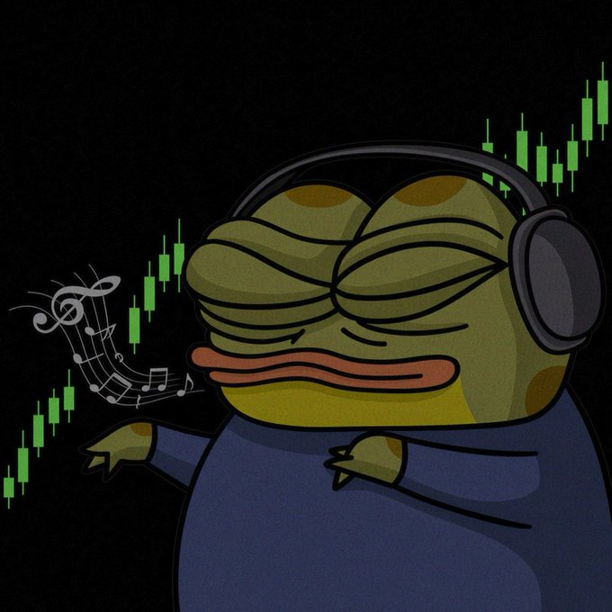 An illustration of a cartoon frog character wearing headphones with its eyes closed, surrounded by floating green stock market candlestick charts and musical notes.